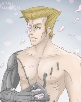 1adult adult_only alexblacklight alexblacklight_(artist) battle_tendency blonde_hair blue_eyes cybernetic cybernetic_arm cybernetic_eye cybernetic_limb cybernetics cyborg cyborg_male cyborg_man digital_art flowers human_artist jojo's_bizarre_adventure male male_focus male_only muscular muscular_male no_ai petals rudolph_von_stroheim solo solo_focus solo_male