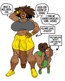 absurd_res anari_(goudadunn) anthro big_bulge big_penis bodily_fluids bottomwear bra brown_body brown_hair bulge capybara caviid clothing ellipsis english_text exclamation_point eyewear footwear futanari genitals glasses gloves_(marking) gouda_(goudadunn) goudadunn hair hi_res huge_bulge huge_cock hyper hyper_genitalia hyper_penis intersex larger_futa larger_intersex leg_markings male mammal markings mother_(lore) mother_and_child_(lore) mother_and_son_(lore) parent_(lore) parent_and_child_(lore) parent_and_son_(lore) penis rodent shoes shorts side_view size_difference smaller_male sneakers socks_(marking) solo son_(lore) speech_bubble sports_bra sweat text underwear