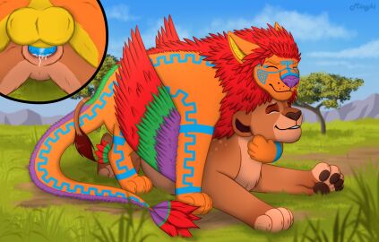 animal_genitalia balls bodily_fluids bright_colors close-up closed_eyes cum cum_in_pussy cum_inside digital_drawing_(artwork) digital_media_(artwork) disney duo ejaculation fan_character feathers felid feline feline_genitalia female feral feral_on_feral genital_fluids genitals hi_res hybrid lion looking_pleasured male male/female mammal mane mantic miuyki multicolored_body pantherine patterns_on_fur penetration penile_spines penis pussy red_mane savanna shaded tail tail_tuft the_lion_king tuft vaginal_penetration wings