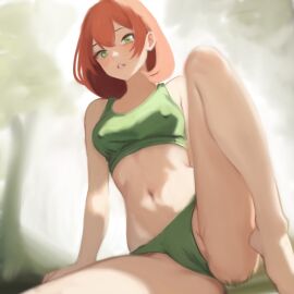 1girls ass big_breasts breasts cameltoe cute erect_nipples eyebrows female female_focus female_only forest green_eyes hair light-skinned_female light_skin looking_at_viewer nipple_bulge nipples open_mouth orange_hair original original_character outdoors outside public pussy red_hair short_hair simple_background solo solo_focus thighs uncensored underwear white_background younger_female