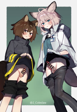 2futas animal_ears arknights balls bangs bar_censor black_jacket black_pantyhose black_shorts blue_eyes blush breasts brown_eyes brown_hair censored closed_mouth clothed clothes_lift clothes_pull clothing dark_penis erection female firefighter_jacket fox_ears fox_girl fox_tail futa_only futanari gloves highres humanoid humanoid_penis intersex jacket jacket_lift kemonomimi lifted_by_self light-skinned_futa light_skin long_sleeves mirin_chikuwa mostly_clothed multiple_females multiple_girls pantyhose pantyhose_pull penis penis_size_difference shaw_(arknights) short_hair shorts shorts_pull small_penis smooth_balls smooth_penis squirrel_ears squirrel_girl squirrel_tail standing sussurro_(arknights) tail testicles white_gloves white_jacket