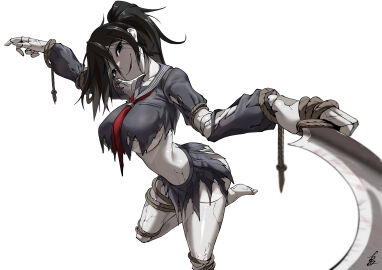 ayakakashi black_hair breasts creepy creepy_smile female female_focus female_only holding holding_knife holding_object holding_weapon knife large_breasts looking_at_viewer monster monster_girl ponytail rope rope_harness sailor_collar sailor_uniform scarecrow school_uniform schoolgirl schoolgirl_uniform silent_hill silent_hill_f smile thick thick_ass thick_thighs thighhighs thighs torahime torn_clothes torn_clothing torn_skirt underboob uniform weapon white_background