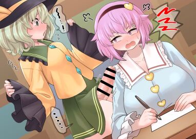 1futa 1girls bar_censor big_breasts big_penis blue_shirt blush bottomless breasts censored clothed clothing diamond_button duo erection female flying_sweatdrops fully_clothed futa_on_female futanari green_eyes green_hair green_skirt hair_band hat hat_ribbon heart_button heart_hairband huge_breasts human incest intersex koishi_komeiji light-skinned_female light-skinned_futa light_skin long_hair long_sleeves medium_breasts mostly_clothed paper pen penis pink_hair purple_eyes ras_(ras33635191) satori_komeiji short_hair siblings sisters sitting standing tears touhou wide_sleeves yellow_ribbon yellow_shirt