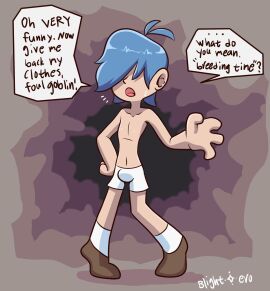 ahoge artist_name blightstar blue_hair bulge bulge_through_clothing cave dialogue english_text half_naked hand_on_hip hentai_protagonist_hair hero imminent_reverse_rape imminent_sex male male_only masculine obscured_eyes open_mouth original original_character shoes socks solo solo_male standing sweat tippy_toes underwear underwear_only white_underwear