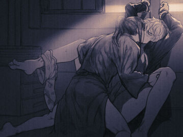 2boys aged_down anal anal_sex arms_up blush closed_eyes erection full_body gay gintama gintoki_sakata handcuffs hangleing hijikata_toshiro implied_anal japanese_clothes kimono kissing kissing_while_penetrated legs_held_open male male_only monochrome penis ponytail restrained shinsengumi_(gintama) spread_legs sweat underwear_around_one_leg underwear_down wearing_others_clothes window yaoi