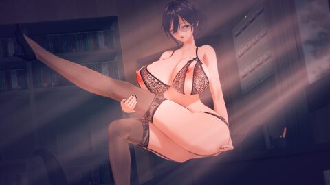 1girls 3d akinama_family_(noir-black-shooter) big_breasts black_lingerie breasts dark_blue_hair female glasses huge_breasts koikatsu lingerie lingerie_only mother naoki_akinama_(noir-black-shooter) noir-black-shooter oc original original_character purple_eyes short_hair teacher