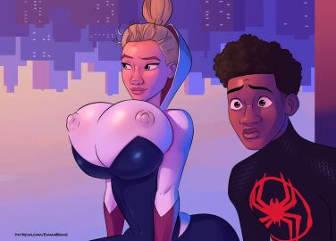 1boy 1girls 2d ass asymmetrical_hair athletic athletic_female big_ass big_breasts blonde_hair bodysuit breasts busty canon_couple canonical_scene chest comic comic_page couple curvaceous curvy curvy_figure cute cute_face dark-skinned_male dark_skin emmabrave eyebrow_piercing eyebrows eyelashes eyes female female_focus fit fit_female full_color fully_clothed gwen_stacy gwen_stacy_(spider-verse) hair hero heroine hi_res high_resolution highres hips hourglass_figure huge_breasts human large_breasts legs light-skinned_female light_skin lips male marvel marvel_comics miles_morales no_penetration romantic_couple shaved_side slim slim_waist spider-gwen spider-man spider-man:_across_the_spider-verse spider-man:_into_the_spider-verse spider-man_(series) superhero superhero_costume superheroine tooth_gap upper_body voluptuous waist wide_hips