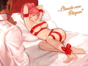 1boy 1girls 2024 2d 2d_(artwork) almost_naked bangs bare_legs barefoot barely_clothed bdsm beard bed bedroom bedroom_eyes big_breasts biting_lip biting_own_lip bondage bound bound_arms bound_wrists breasts brown_hair character_name claude_von_riegan cleavage completely_nude covered_nipples domination english_text facial_hair feet female female_focus femsub fire_emblem fire_emblem:_three_houses gift grin happy_female happy_sub highres hilda_valentine_goneril human human_only imminent_sex inviting inviting_to_sex large_breasts legs light-skinned_female light_skin long_hair looking_at_partner looking_at_viewer male naked_ribbon nintendo nipple_slip nipples no_sex nude nude_female on_bed pink_eyes pink_hair ponytail post-timeskip realistic_breast_size realistic_proportions ribbon ribbon_bondage sethkiel short_hair skindentation smile solo_focus submissive submissive_female text tied_arms tied_hands tied_legs tied_up willing_sub wrapped wrapped_up