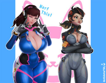 2girls 3d antidotetrl big_breasts breast_envy breasts breasts_bigger_than_head cleavage clothed crossed_arms crossover cute d.va female female_only huge_breasts light-skinned_female light_skin marvel marvel_comics marvel_rivals overwatch overwatch_2 overwatch_league peace_sign peni_parker peni_parker_(marvel_rivals) pouting scrag_d.va self_upload tight_clothing v_sign voluptuous voluptuous_female