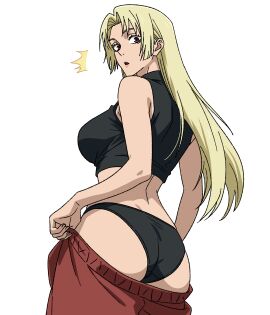1girls ass back_view bangs big_ass black_panties blonde_hair brown_eyes caught caught_in_the_act caught_off_guard curvy dressing female female_only from_behind hourglass_figure jujutsu_kaisen long_hair open_mouth panties pants_pull pulling_clothing sideboob simple_background sleeveless solo surprised surprised_expression tank_top thick_thighs thin_waist v0idzenin voluptuous white_background wide_hips yuki_tsukumo