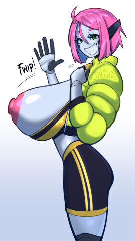 1girls areolae artist_name breasts breasts_out female female_only green_eyes greeting grey_body hi_res huge_breasts jacket joylewds looking_at_viewer mre_(gattles) narrowed_eyes nipples original pink_hair puffy_nipples robot robot_girl robot_humanoid shorts side_view smiling smiling_at_viewer solo teeth_showing topwear