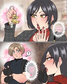 1boy 1girls ada_wong ada_wong_(adriana) asian_female black_hair blonde_hair blue_eyes blush brown_eyes brown_hair capcom chinese chinese_female dangerousbride dialogue english_text female funny heart himbo leon_scott_kennedy light-skinned_male light_skin male muscular muscular_male not_porn red_lipstick resident_evil resident_evil_4 resident_evil_4_remake safe safe_for_work very_high_resolution white_male white_male_asian_female