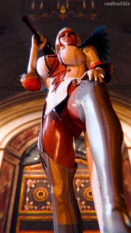 1girls 3d artist_name breasts clothed clothed_female dark-skinned_female dark_skin depth_of_field devil_may_cry devil_may_cry_(series) devil_may_cry_4 dress female female_only from_below gloria_(devil_may_cry) hand_on_knee holding holding_object holding_sword large_breasts posing pussy ruadhnait3dx self_upload solo solo_female standing sword thick thighhighs thighs vagina viewed_from_below watermark white_hair wink