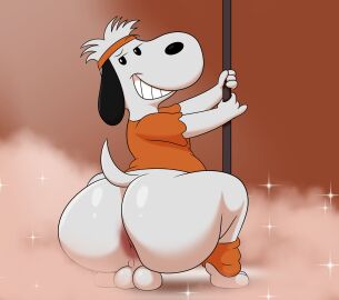 2024 absurd_res ankle_warmers anthro anus ass balls beagle big_ass big_butt black_ears black_eyes black_nose bottomless canid canine canis clothed clothing colossalstars dancing digital_media_(artwork) domestic_dog fur genitals hair half-closed_eyes hi_res hunting_dog looking_back male mammal narrowed_eyes orange_clothing orange_shirt orange_t-shirt orange_topwear partially_clothed peanuts peanuts_worldwide_llc pole pole_dancing pose presenting presenting_hindquarters rear_view scent_hound shirt smile smoke snoopy solo sparkles t-shirt tail thick_thighs topwear white_body white_fur white_hair white_tail wildbrain zoophilia