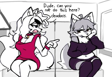 2girls ? anthro blue_eyes breasts cat_ears cute feline female female_only fluffy_tail fur sweater thigh_highs thighhighs thighs trixie_(z_zmag8) white_body white_fur white_hair z_zmag8