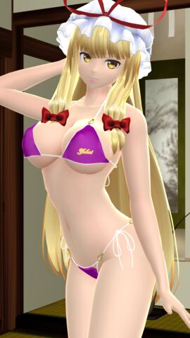 1girls 2023 3d bikini blonde-haired_female breasts cleavage female hati_yukkuri_mmd indoors long-haired_female looking_at_viewer midriff mmd mob_cap perfect_cherry_blossom purple_bikini red_bowtie smiling solo_female solo_focus swimsuit touhou yellow_eyes youkai yukari_yakumo