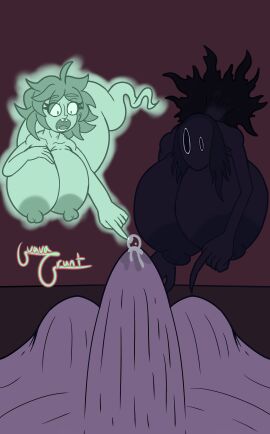 1boy 2d 2girls bedroom before_sex big_breasts black_body black_hair breasts claws dark_room demon demon_girl erection erection_under_blanket female female_focus floating ghost ghost_girl green_body green_hair guavagrunt huge_breasts indoors lulu_(guavagrunt) male monster monster_girl night nightmare_waifu nipple_bulge nipples nude nude_female oc original original_character penis penis_awe pointing pointing_at_penis precum precum_bubble short_hair sleeping somber_(guavagrunt) straight stuck_in_wall surprise surprised surprised_expression through_wall tooth_gap uncensored unusual_anatomy unusual_eyes