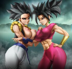 2girls abs areolae big_breasts breast_press breasts breasts_out caule clothing dragon_ball dragon_ball_super ear_piercing earrings elitenappa female female_only female_saiyan kefla looking_at_each_other metamoran_clothing metamoran_fusion muscular muscular_female nipples pants piercing potara_earrings thick_thighs toned toned_female vest wide_hips