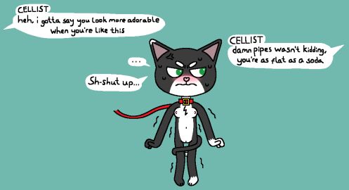 2d 2d_(artwork) 2d_artwork angry_expression angry_face anthro black_fur blue_background blushing cat_ears cat_tail collar embarrassed english_text feline female flat_chest furry garry's_mod green_eyes jazztronauts leash looking_away multicolored_fur naked no_shading offscreen_character pianist_(jazztronauts) rabito secretly_loves_it simple_background solo_female solo_focus sweating tail text text_bubble video_game white_fur