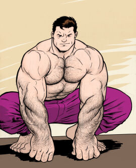1boy barefoot beast_(x-men) bulge crouching flaccid hairy hank_mccoy male male_only marvel marvel_classic_era marvel_comics muscular nmrosario no_visible_genitalia pajamas pajamas_only penis shirtless solo solo_male x-factor x-men