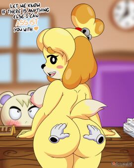 1boy 1girls 4:5 animal_crossing animated anthro anus ass ass_grab big_ass big_breasts big_butt breasts dialogue disembodied_hand disembodied_hands dog_girl female funny furry gif isabelle_(animal_crossing) looking_at_viewer looking_back looking_back_at_viewer male marshal_(animal_crossing) nintendo pun pussy shadowthespirit straight tagme vagina vertical_video yellow_body yellow_fur