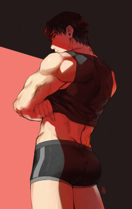 1boy ass back black_eyes black_hair expressionless from_behind looking_at_viewer male male_only muscular muscular_male original shirt_lift solo tank_top underwear undressing yukibi_(ykb)