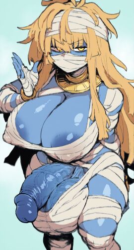 1futa ai_generated balls bandage bandages big_balls big_breasts blonde_hair blue_skin breasts colored_skin covered_nipples futa_only futaalover futanari gigantic_balls gigantic_testicles glowing_eyes huge_balls intersex large_areolae large_balls large_breasts large_nipples large_testicles mummy mummy_girl penis veiny_balls veiny_penis veiny_testicles yellow_eyes