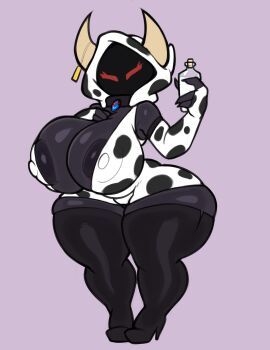 2024 areolae armwear bismuth_(gardesnorela) black_skin breasts commission commissioner_upload cow_print demon ear_tag fecharis female gardesnorela glowing_eyes hood horn horns large_breasts milf milk milk_bottle red_eyes simple_background solo space_funeral space_funeral:_toothisle_vacation symbol tagme thick_thighs thigh_highs thighhighs virito voluptuous voluptuous_female zipper