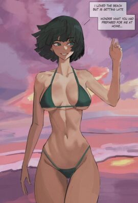 1girls beach bikini black_hair breasts cleavage earrings english_text female female_only fubuki_(one-punch_man) green_eyes hi_res light-skinned_female light_skin no_sex one-punch_man short_hair sideboob skinny smile solo speech_bubble tef_(artist) text underboob