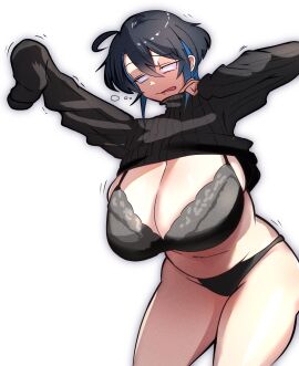 1girls 30th_video_rentals black_hair bra breasts female getting_dressed highlights huge_breasts indie_virtual_youtuber kataochi_chuuko kataoti_30 panties turtleneck virtual_youtuber