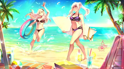 2girls alluring alternate_costume arm_up artist_logo artist_name ball_(object) bare_legs barefoot beach beach_chair beach_towel beachball bikini bird black_bikini breasts cherryinthesun cleavage cloud cloudy_sky collarbone corrin_(fire_emblem) corrin_(fire_emblem)_(female) cup day drinking_glass drinking_straw female fire_emblem fire_emblem_awakening fire_emblem_fates fire_emblem_warriors food footwear_removed fruit full_body grin hairband innertube intelligent_systems lemon lemon_slice long_hair medium_breasts midriff multiple_females multiple_girls nintendo o-ring o-ring_bikini ocean outside palm_tree parasailing pointy_ears purple_bikini red_eyes robin_(fire_emblem) robin_(fire_emblem)_(female) running sand sandals sandals_removed seagull silver_hair sky smile surfboard swimsuit thighs towel tree twintails walking waving wristband yellow_eyes