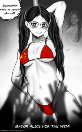 1girls alice_leal_guo asian asian_female big_breasts bikini black_hair breasts chinese chinese_flag chinese_flag_bikini cute female glasses mayor real_person solo twintails