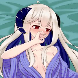 1girls beauty_mark bedroom blush ciyana female horns indie_virtual_youtuber light-skinned_female light_skin partially_clothed purple_clothing red_eyes virtual_youtuber vtuber