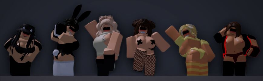 3d 6girls abigail_(rusmynth) big_breasts black_hair black_hat breasts brown_hair bunny_ears bunnysuit censor_bar censored_eyes ellie_(rusmynth) female grey_background iris_(rusmynth) olivia_(rusmynth) original_character roblox robloxian roxanne_(rusmynth) rusmynth smile sofia_(rusmynth) tagme tongue tongue_out yellow_clothes