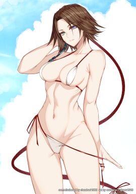 1girls 2d bikini bikini_bottom_pull blue_eyes blue_sky breasts brown_hair cleavage esg_(essagna) female female_only final_fantasy final_fantasy_x final_fantasy_x-2 green_eyes heterochromia highres looking_at_viewer navel parted_lips ponytail pose side-tie_bikini smile solo solo_female swimsuit toned very_long_hair white_bikini yuna