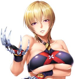 arm_under_breasts bandeau bare_shoulders big_breasts blonde_hair blue_eyes breast_lift breasts claw_(weapon) color eyebrows_visible_through_hair female female_focus female_only game_cg hair_between_eyes head_tilt looking_at_viewer metal_claws no.16_sonia nobushito_kuro short_hair skimpy skimpy_clothes skindentation smile smiling smiling_at_viewer sonia_(taimanin_asagi) taimanin_(series) taimanin_rpgx tight_bra underboob upper_body white_background