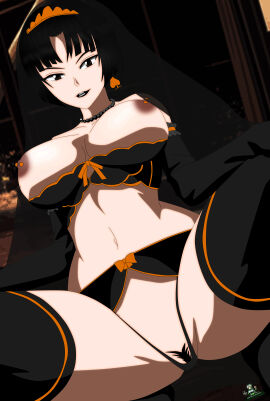 black_hair black_wedding_dress brown_eyes dark_nipples female milf noir-black-shooter oc original original_character tomoe_himejima_(noir-black-shooter) wedding_dress wedding_veil