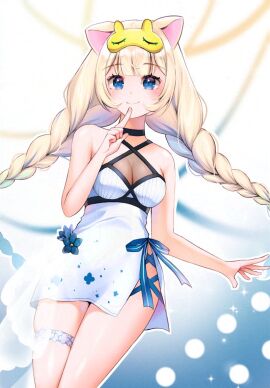 1girls animal animal_ears animal_on_head bangs bare_arms bare_shoulders blonde_hair blue_eyes blurry blurry_background blush bow braid breasts bunny_ears bunny_girl cleavage closed_mouth collarbone criss-cross_halter depth_of_field dress eyebrows_visible_through_hair female finger_to_mouth fishnets index_finger_raised long_hair looking_at_viewer mask_on_head medium_breasts on_head sleeveless sleeveless_dress smile solo standing striped thigh_strap twin_braids very_long_hair virtual_youtuber vyugen white_dress yenko