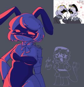 1boy 1girls ass blush blushing breasts bulge clothing disassembly_drone embarrassed erection erection_under_clothes fake_rabbit_ears female female_focus glitch_productions grey_background joke macnchee6969 male meme_reference murder_drones n_(murder_drones) not_porn nxv_forever robot robot_boy robot_girl robot_humanoid short_hair simple_background simple_shading standing v_(murder_drones) white_body