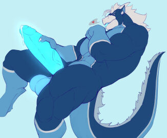 anthro balls blue_body blue_penis blue_scales chibsarts dragon genitals glowing glowing_balls glowing_genitalia glowing_penis hair heart_symbol hi_res male masturbation mythological_creature mythological_scalie mythology nighdruth_(character) pecs penis scales scalie sitting solo tail tail_hair white_body white_hair white_scales