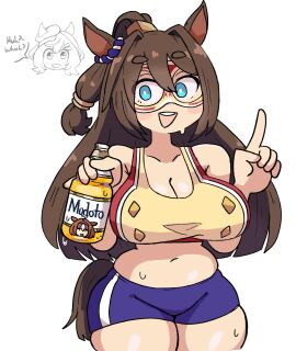 2girls animal_ears beer big_breasts blue_eyes breasts brown_hair cleavage clothed_female el_condor_pasa_(umamusume) eye_mask fat_thighs female horse_ears horse_girl matikane_tannhauser_(umamusume) notnoe_(dxcl) ponytail shorts sweat sweaty_body text thick_thighs thighs umamusume white_background