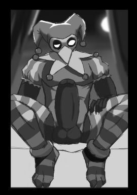 absurd_res anthro avian badgerboss beak big_penis bird claws clothed clothing corvid corvus_(genus) crow digital_media_(artwork) fool's_hat genitals hat headgear headwear hi_res huge_cock jester jester_outfit legwear looking_at_viewer male oscine passerine penis solo stockings toe_claws