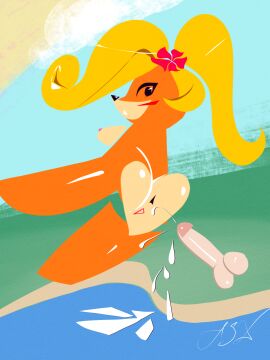 abstract abstract_art applespicex beach blonde_hair coco_bandicoot crash_(series) cumshot disembodied_penis female floating_penis furry low_effort male parody penis ponytail