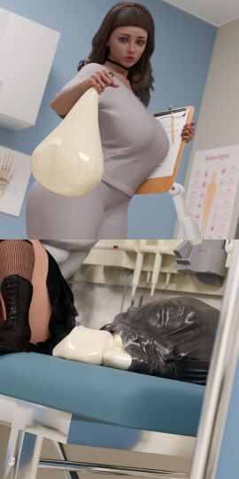 1futa 1girls asian blankken clipboard condom cum excessive_cum filled_condom hospital huge_breasts nurse shocked shocked_expression trash_bag xae_(blankken)