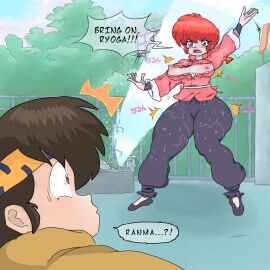 1boy 1girls ass big_ass big_breasts big_thighs blue_eyes braid braided_hair breasts clothed clothing confused english_text female fight flats ginger kystoopid777 male medium_breasts ranma-chan ranma_1/2 ranma_saotome red_hair ryoga_hibiki serious text torn_clothes water