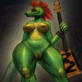 absurd_res alligator alligatorid alternative_fashion anthro ass belly breasts crocodile crocodilian crocodylid eyewear farodor female five_nights_at_freddy's five_nights_at_freddy's:_security_breach guitar hi_res montgomery_gator_(fnaf) musical_instrument nipples overweight plucked_string_instrument reptile rockstar rule_63 scalie scottgames solo steel_wool_studios string_instrument sunglasses