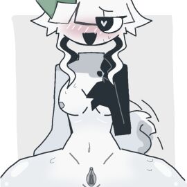 aged_up enid_ayaka female female_only first_porn_of_character fundamental_paper_education green_bow kinsona oc pussy tail wagging_tail white_body white_hair white_skin