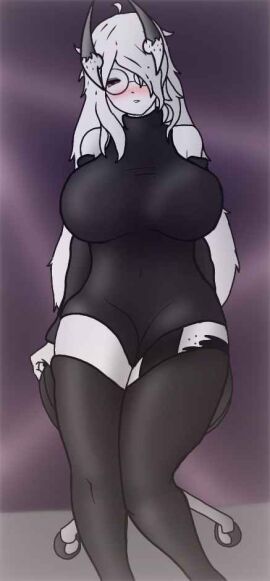 ass big_breasts breasts chair female glasses thick_thighs thigh_tattoo