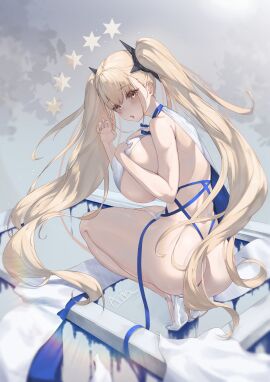 ass azur_lane blonde_hair blush breasts brown_eyes cg female formidable_(anniversary_memories)_(azur_lane) formidable_(azur_lane) from_behind high_heels huge_breasts long_hair looking_at_viewer looking_back official_alternate_costume open_mouth revealing_clothes sideboob solo squatting star_(symbol) thighs twintails very_long_hair white_footwear