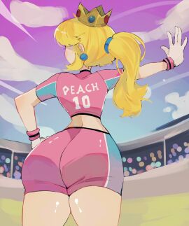 ass back_view big_ass blonde_hair crop_top fat_ass hoshoidk mario_(series) mario_strikers mario_strikers_peach_back_view_redraw_(meme) princess_peach shorts tagme wide_hips